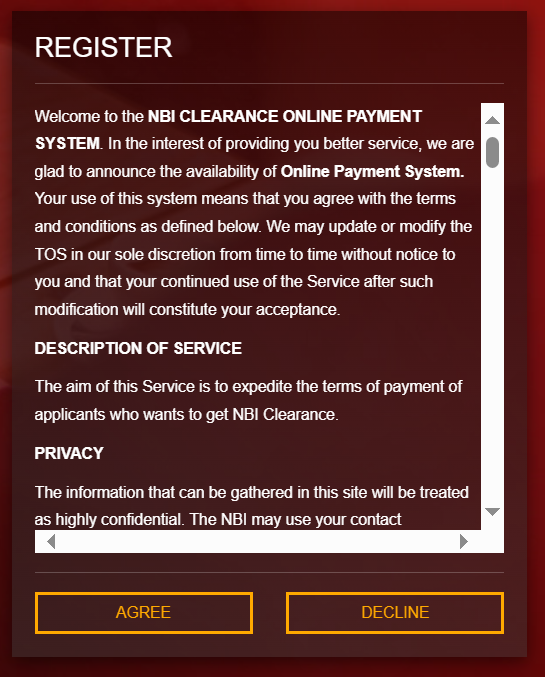 NBI clearance online registration terms